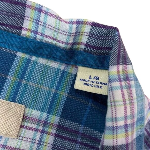 Tommy Bahama Silk Shirt Men's Size Large Aloha Hawaiian Style Casual Blue Plaid - Picture 3 of 4